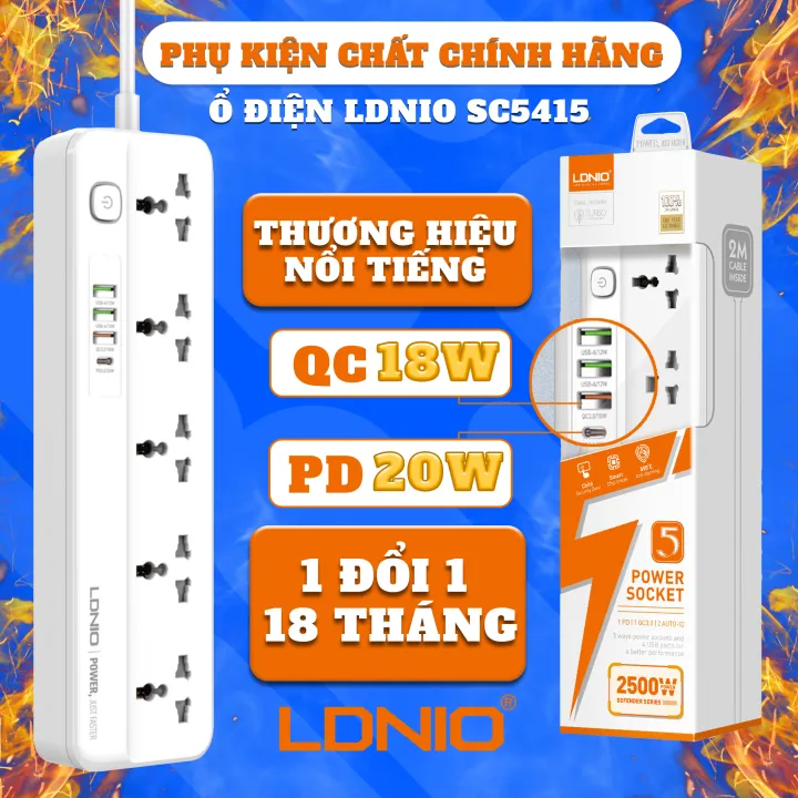 Ổ Cắm Điện Đa Năng LDNIO SC5415 Có 5 Ổ Cắm 220v, Tích hợp Cổng C Chuẩn PD 3.0 20W, 3 USB Chuẩn QC 3.0 18W BH 12 Tháng.