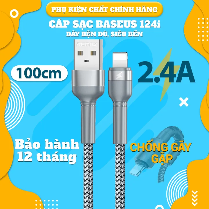 Cáp Sạc Nhanh Lightning Remax RC-124i Chống Đứt Gẫy - Sạc Nhanh 2.4A - Chính Hãng Remax Bảo Hành 12 Tháng