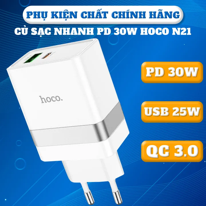 Cốc Sạc Nhanh 2 Cổng HOCO N21 Giao Diện PD=30W + QC3.0=30W Công Suất Lớn Hàng Chính Hãng - BH 12T